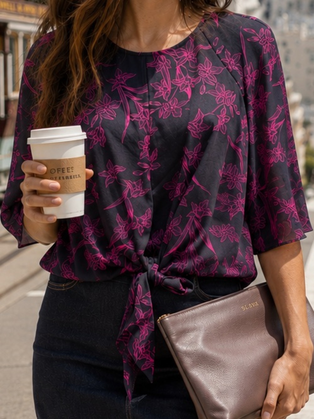 Vince Camuto Floral Tie Front Keyhole Blouse Flutter Sleeve M Dark Academia